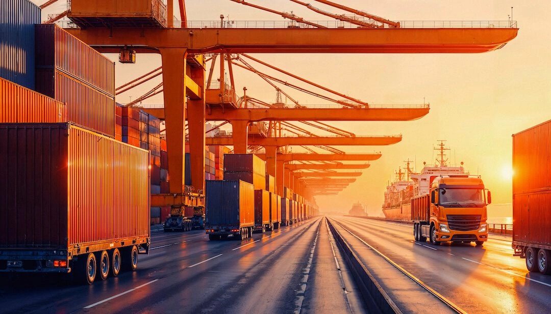 Xe tải và container hàng hóa tại cảng vận chuyển