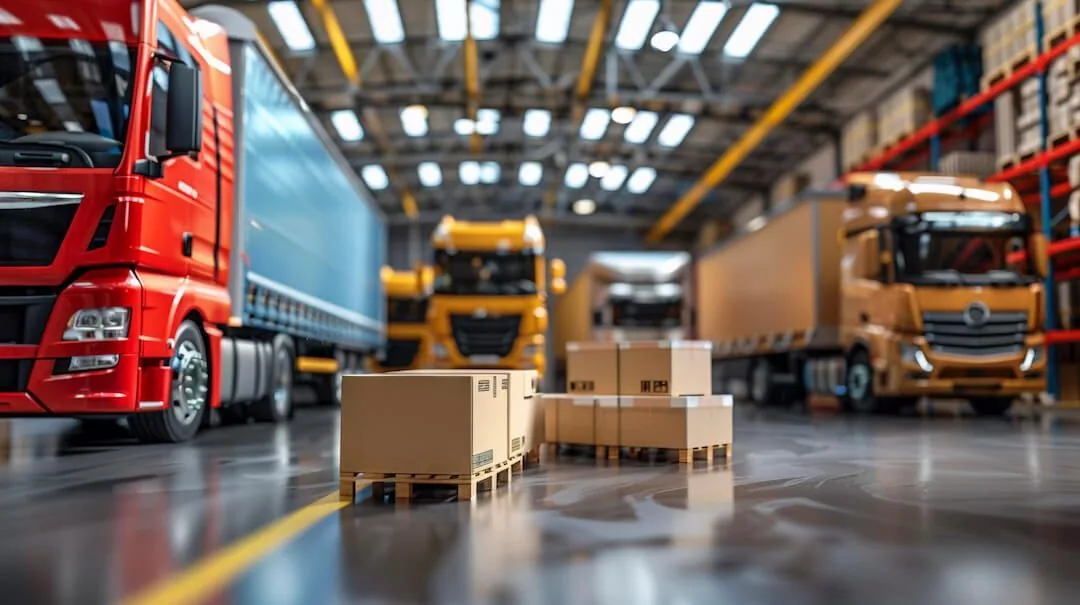 Xe giao hàng và kiện hàng trong kho logistics